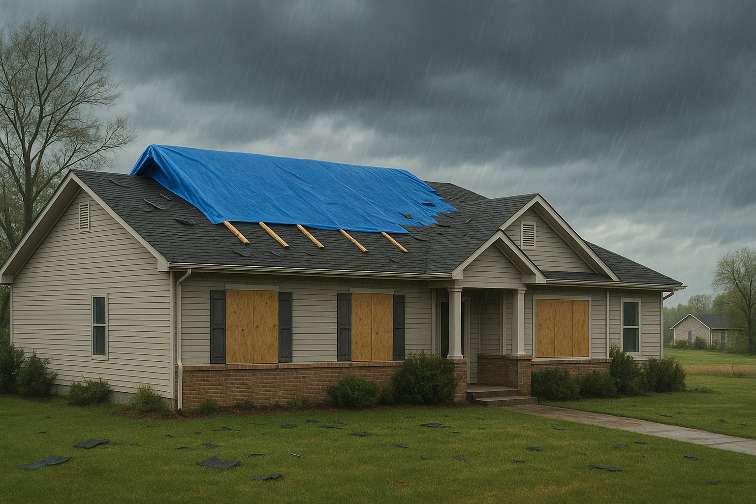 Crew stabilizing damaged roof and gutters